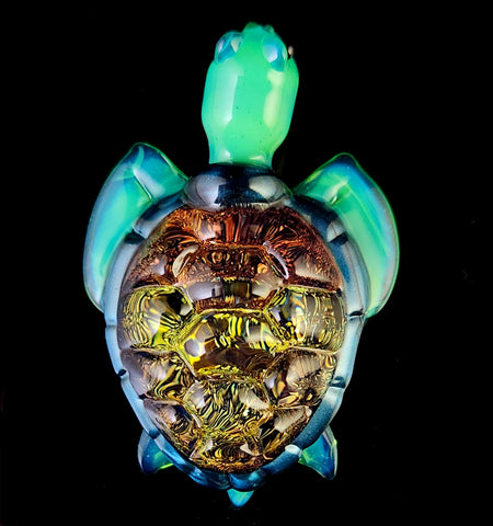 Titan green Honu pendant with copper and gold dichroic shell